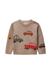 Pull en tricot beige avec des motifs de voitures en orange, vert, rouge et marron. Présente un col rond à côtes et deux boutons en bois à l'épaule.