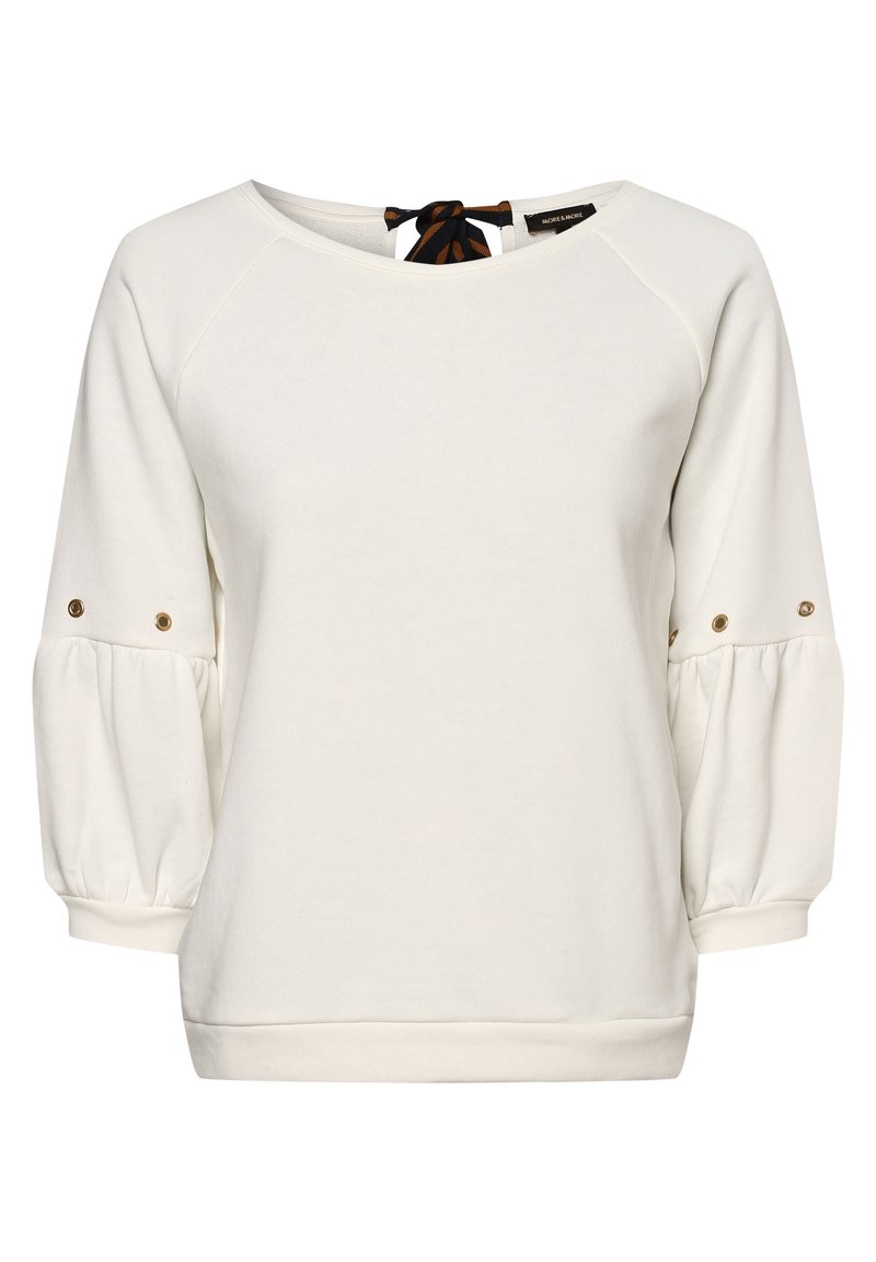 Witte pullover met raglanmouwen, voorzien van een ronde halslijn, geplooide manchetten en gouden drukknopen op de mouwen. Gestructureerde stof.