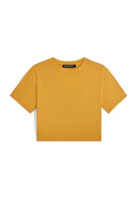 Kortsleevet, cropped t-skjorte i sennepsgul bomull, med rund hals og liten brodert merkevarelogo på forsiden.