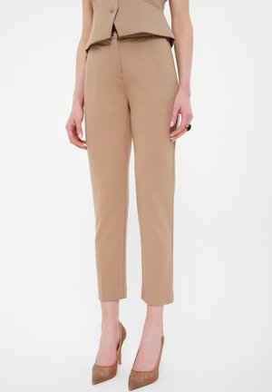 Beige elegantní kalhoty z hladké tkaniny, s úzkým střihem a délky ke kotníkům, doplněné o nahé lodičky na vysokém podpatku.