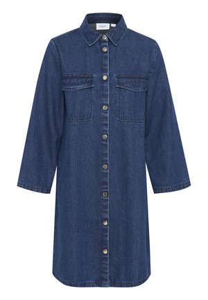 Jeanshemdkleid in Dunkelblau, mit durchgehender Knopfleiste, Kragen, zwei Brusttaschen und Dreiviertelärmeln. Klassische Jeansstruktur.