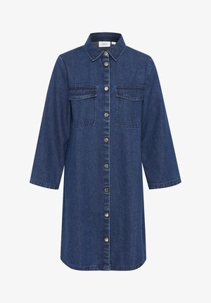 Jeans srajčna obleka v temno modri barvi, z gumbi spredaj, ovratnikom, dvema žepoma na prsih in rokavi do tri četrtine. Klasična tekstura jeansa.