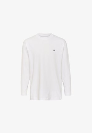 Balta garajumīte ar garām piedurknēm, izgatavota no kokvilnas. Ar apaļu apkakli un mazu melnu drukājumu "M 73" kreisajā krūtīs. Vienkāršs dizains.