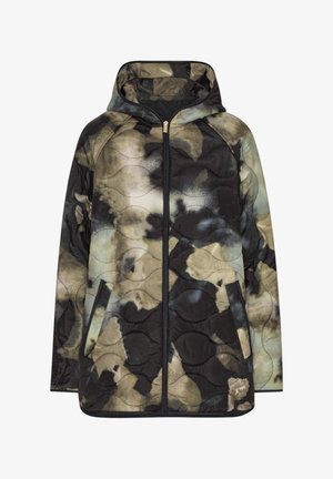 Gequiltete Kapuzenjacke in dunklen Farbtönen mit grün-beigen abstrakten Mustern, ausgestattet mit einem Frontreißverschluss und Seitentaschen.
