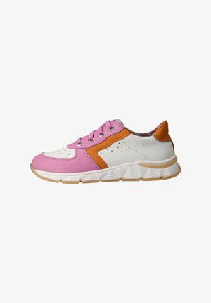 Low-top sneaker with pink, white, and orange leather panels, pink laces, perforations, patterned inner lining, and white textured sole.