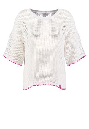 Maglione bianco a maniche corte in maglia con motivo a trama aperta, scollatura rotonda e bordi smerlati rosa sulle maniche e sull'orlo.