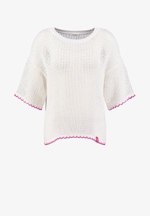 Suéter blanco de punto de manga corta con patrón de tejido abierto, escote redondo y bordes con volantes rosas en las mangas y el dobladillo.