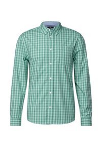 Green and white checkered long-sleeve shirt with a button-down collar, featuring a chest pocket and white buttons. Soft fabric texture.
