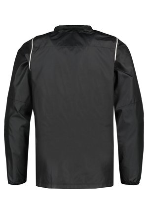Veste coupe-vent noire avec manches longues, un col et des accents blancs sur les épaules. Fabriquée en matériau synthétique lisse et léger.
