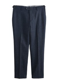 Donkerblauwe wollen broek met rechte pasvorm, voorzien van twee steekzakken aan de voorkant, twee achterzakken en een rits met twee knopen.