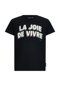 Zwarte katoenen T-shirt met korte mouwen, met de gebogen tekst "LA JOIE DE VIVRE" in crème en rode omlijning. Klassieke ronde hals.