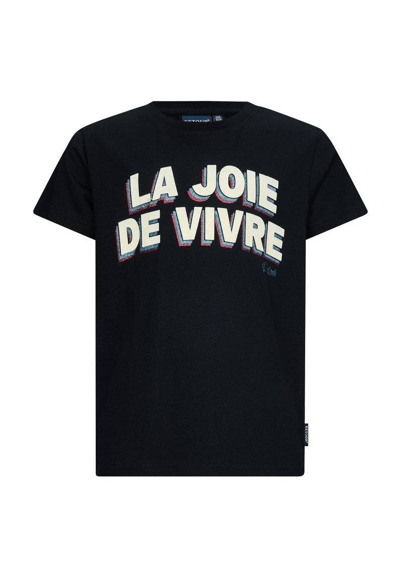 Zwarte katoenen T-shirt met korte mouwen, met de gebogen tekst "LA JOIE DE VIVRE" in crème en rode omlijning. Klassieke ronde hals.