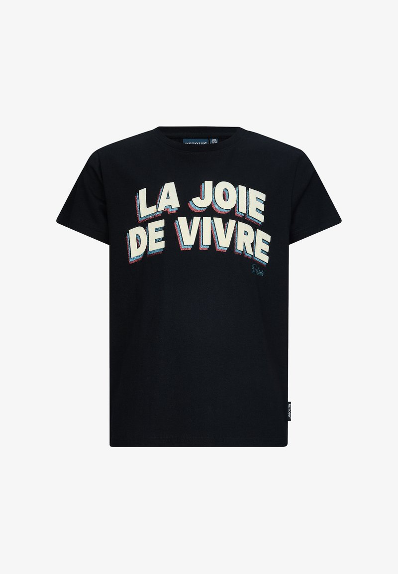 Czarny bawełniany t-shirt z krótkim rękawem, z zaokrąglonym napisem "LA JOIE DE VIVRE" w kolorze kremowym z czerwonym obrysowaniem. Klasyczny okrągły dekolt.