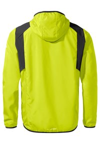Helle gelbe Jacke mit Kapuze, mit schwarzen Akzenten an den Schultern und Ärmeln, aus leichtem, glattem Material gefertigt.