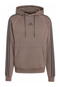 Hnedá mikina Adidas s kapucňou, predným vreckom, šnúrkami na kapucni, modrými pruhmi na rukávoch a kontrastnými švami. Mäkká tkanina.