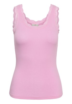 Débardeur rose côtelé avec bordure en dentelle autour de l'encolure et des emmanchures, sans manches, coupe ajustée.