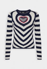 Sweter dzianinowy w kolorze granatowym i kremowym z wzorami w zygzaki i paski. Posiada wycięcie w kształcie serca obrysowane na czerwono przy dekolcie.