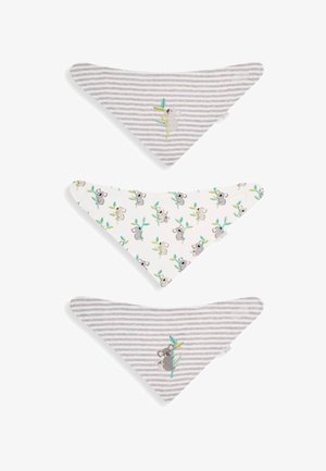 Kollektsioon kolmest kolmnurksetest bandaanadest: kaks halli, triibulist, millel on koala tikand, ja üks valge, millel on koala ja lehe muster. Pehme kangas.