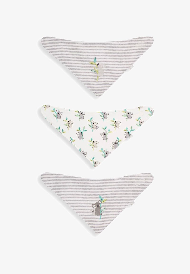 Collezione di tre bandane triangolari: due grigie a strisce con ricamo di koala, una bianca con un motivo di koala e foglie. Tessuto morbido.