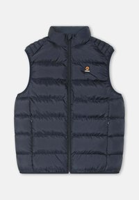 Chaleco acolchado azul marino con cuello alto, cremallera frontal y patrón rectangular en horizontal. Presenta un pequeño logotipo en la parte superior izquierda.