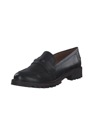 Black leather loafer with a rounded toe, decorative strap and metallic accent, textured upper, and rubber sole with grip.