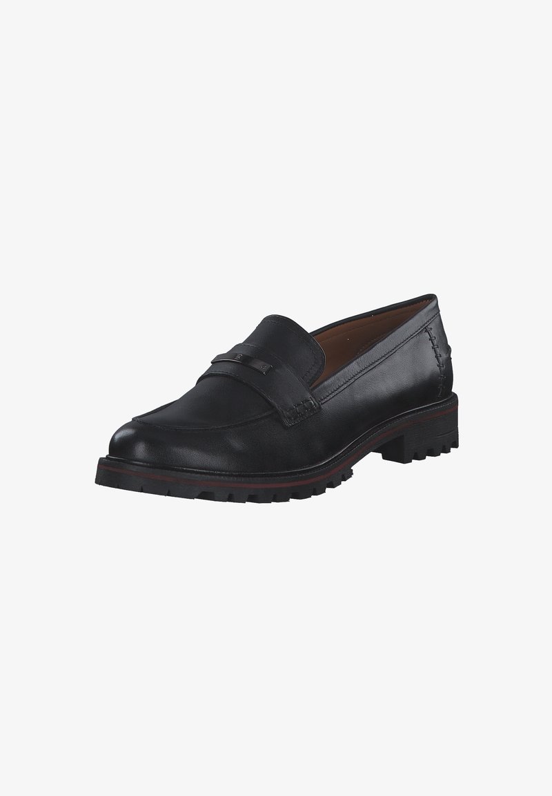 Schwarze Lederloafer mit runder Zehenpartie, dekorativem Riemen und metallic Akzent, strukturiertem Obermaterial und Gummisohle mit Profil.