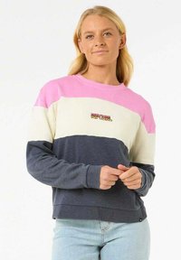 Felpa a blocchi di colore con sezioni rosa, crema e blu navy, colletto arrotondato e polsini a costine. Logo in evidenza sul petto.