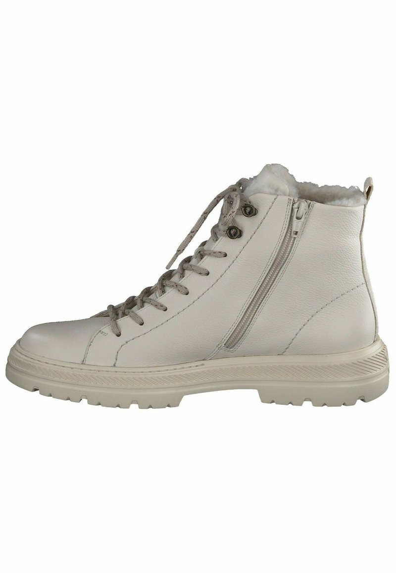 Bottines en cuir gris clair avec une surface texturée, dotées de lacets et d'une fermeture éclair sur le côté, et d'un intérieur doux pour plus de confort.