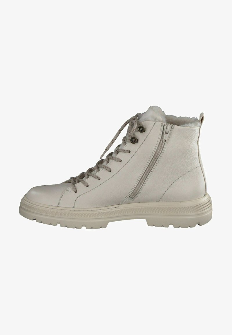 Bottines en cuir gris clair avec une surface texturée, dotées de lacets et d'une fermeture éclair sur le côté, et d'un intérieur doux pour plus de confort.