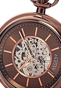 Rozen gouden zakhorloge met een skeleton wijzerplaat, brown accenten en langwerpige uur markers. Toont ingewikkelde details van de mechanische beweging.