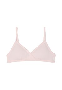 Bralette rosa con spalline sottili regolabili; realizzato in tessuto morbido e liscio con un design semplice e dettagli di cuciture sottili.