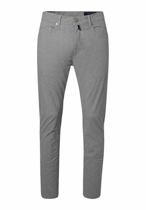 Schmal geschnittene graue Herrenhose mit vorderer Knopf- und Reißverschluss, Gürtelschlaufen und Fünf-Taschen-Design.