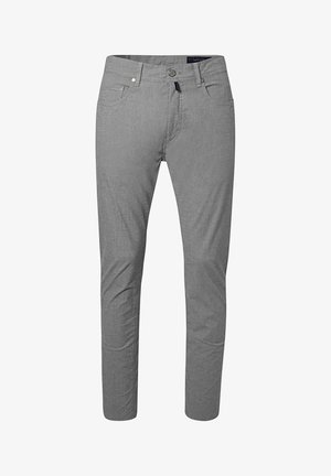 Schmal geschnittene graue Herrenhose mit vorderer Knopf- und Reißverschluss, Gürtelschlaufen und Fünf-Taschen-Design.
