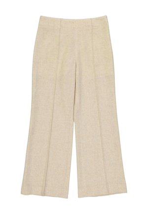 Beige wijde broek met gestikte verticale naden, hoge taille en zonder zichtbare zakken of sluitingen, plat gelegd op een witte achtergrond.