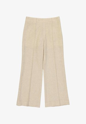 Beige Hose mit weitem Bein, genähten vertikalen Nähten, hoher Taille und ohne sichtbare Taschen oder Verschlüsse, flach auf weißem Hintergrund liegend.