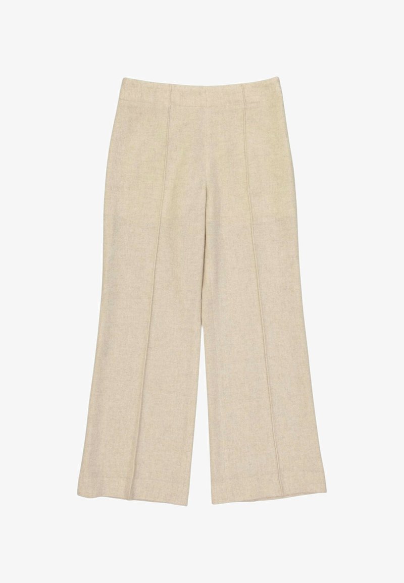 Pantalon beige à jambes larges avec coutures verticales cousues, taille haute, sans poches ni fermetures visibles, posé à plat sur un fond blanc.