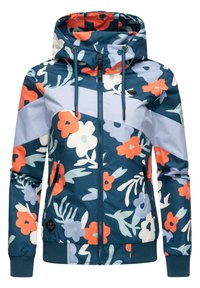 Blomstermønstret zip-up jakke med et flerfarvet design bestående af marineblå, hvide og orange blomster. Inkluderer hætte og elastiske manchetter.