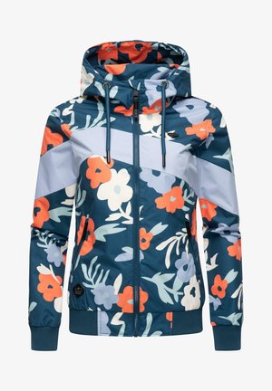 Jachetă cu fermoar, cu un model floral, având un design multicolor cu flori albastre, albe și portocalii. Include o glugă și manșete elastice.