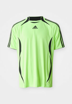 Lime green athletic shirt featuring short sleeves, black accents, ribbed neckline, and side stripes. Made from lightweight, breathable material.