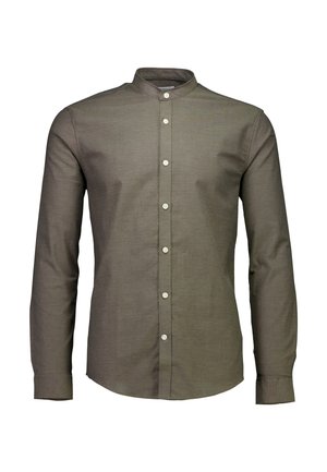 Long-sleeve button-up shirt in olive green. Features a mandarin collar, front button placket, and plain fabric texture.