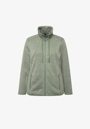 Grüne Fleecejacke mit hohem Kragen, Frontreißverschluss und zwei Seitentaschen. Verfügt über einen strukturierten Stoff und passende Reißverschlussakzente.
