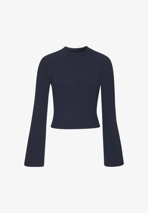Navy blue ribbed long-sleeve top with a mock neck and flared sleeves; cropped design. Soft texture with consistent pattern throughout.