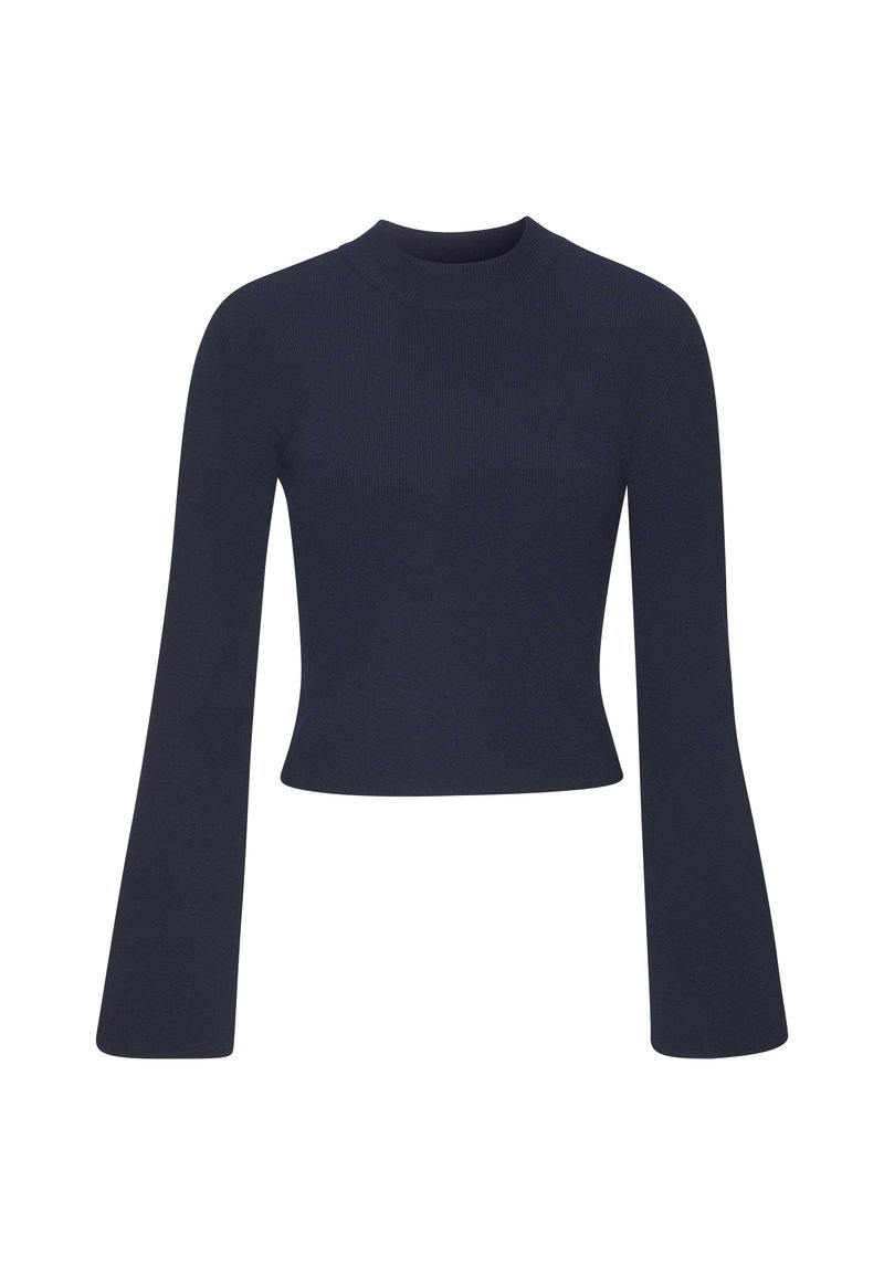 Tamnoplava rebrasta majica dugih rukava s imitacijom visokog ovratnika i raširenim rukavima; kroj do struka. Meka tekstura s ujednačenim uzorkom na cijeloj površini.