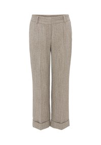 Pantalon en tweed beige taille haute avec passants de ceinture, plis à l'avant et ourlets larges à revers.