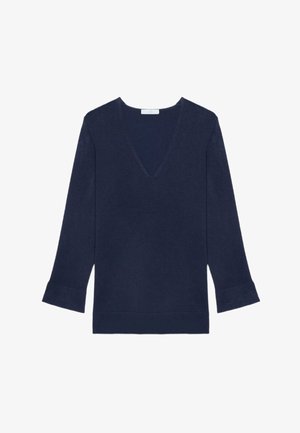 Granatowy sweter z długim rękawem z głębokim dekoltem w serek i szerokimi mankietami, wykonany z gładkiej dzianiny, ułożony na płasko na białym tle.