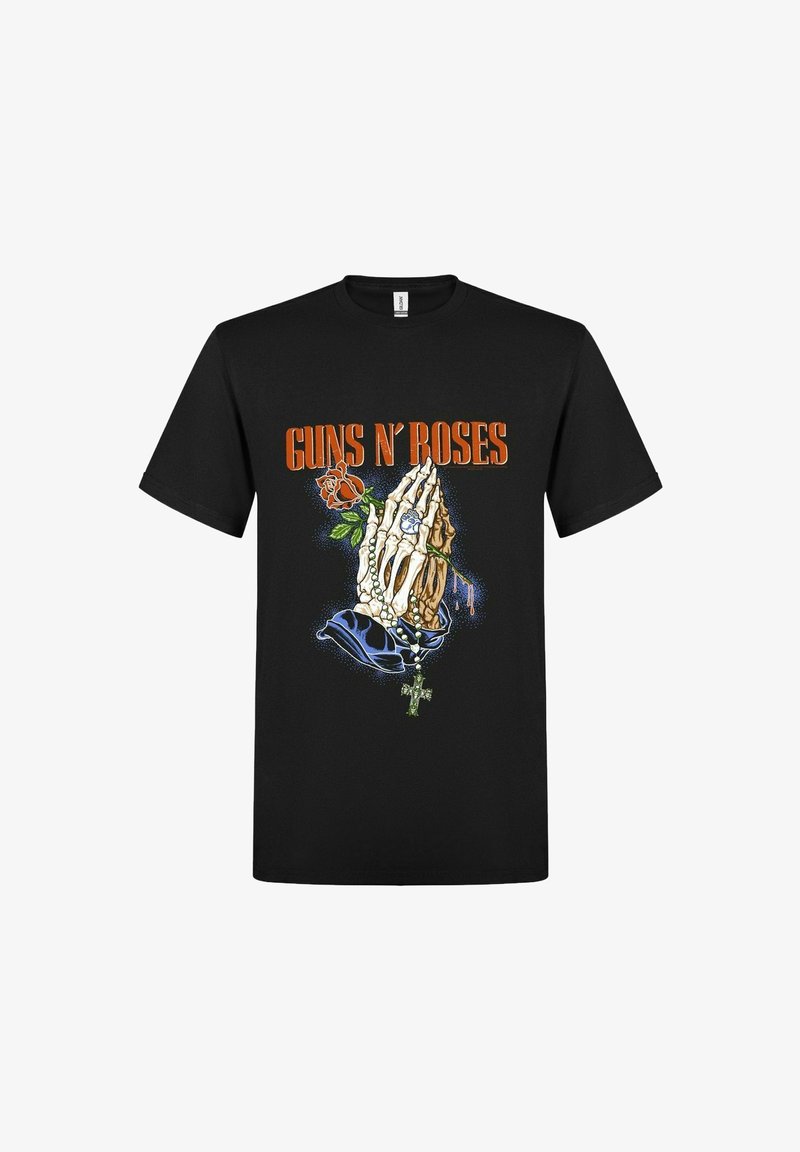 Černé bavlněné tričko s grafickým motivem kosterních rukou v modlitbě, zdobenými růží, korálky a křížem, s nápisem "GUNS N' ROSES".