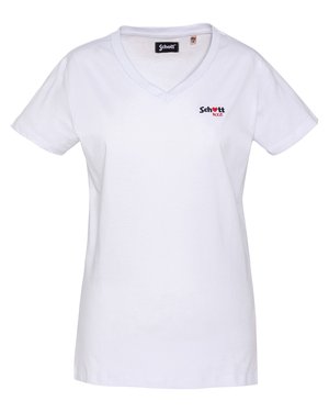 T-shirt bianca a maniche corte con scollo a V, con piccolo logo "Schott N.Y.C" ricamato sul petto a sinistra e un'etichetta della taglia all'interno del colletto.