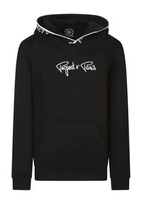 Sudadera negra de tejido suave, con un bolsillo frontal, capucha con cordón y logo "Project x Paris" en blanco en el pecho.