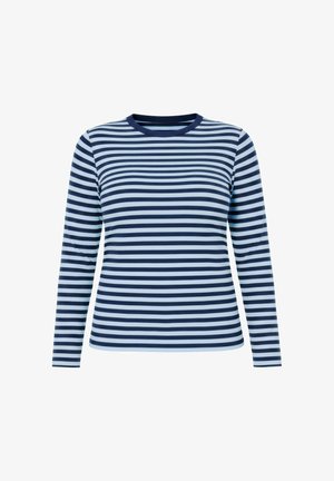 Pitkähihaisen laivastonsinisen ja valkoisen vaakaraitaisen paidan pyöreä pääntie, esitelty yksivärisen valkoisen taustan edessä.