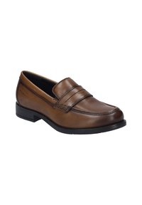 Mocassins en cuir marron avec un bout cousu, deux accents à l'avant et une semelle en caoutchouc noir basse. Fini lisse et design classique.